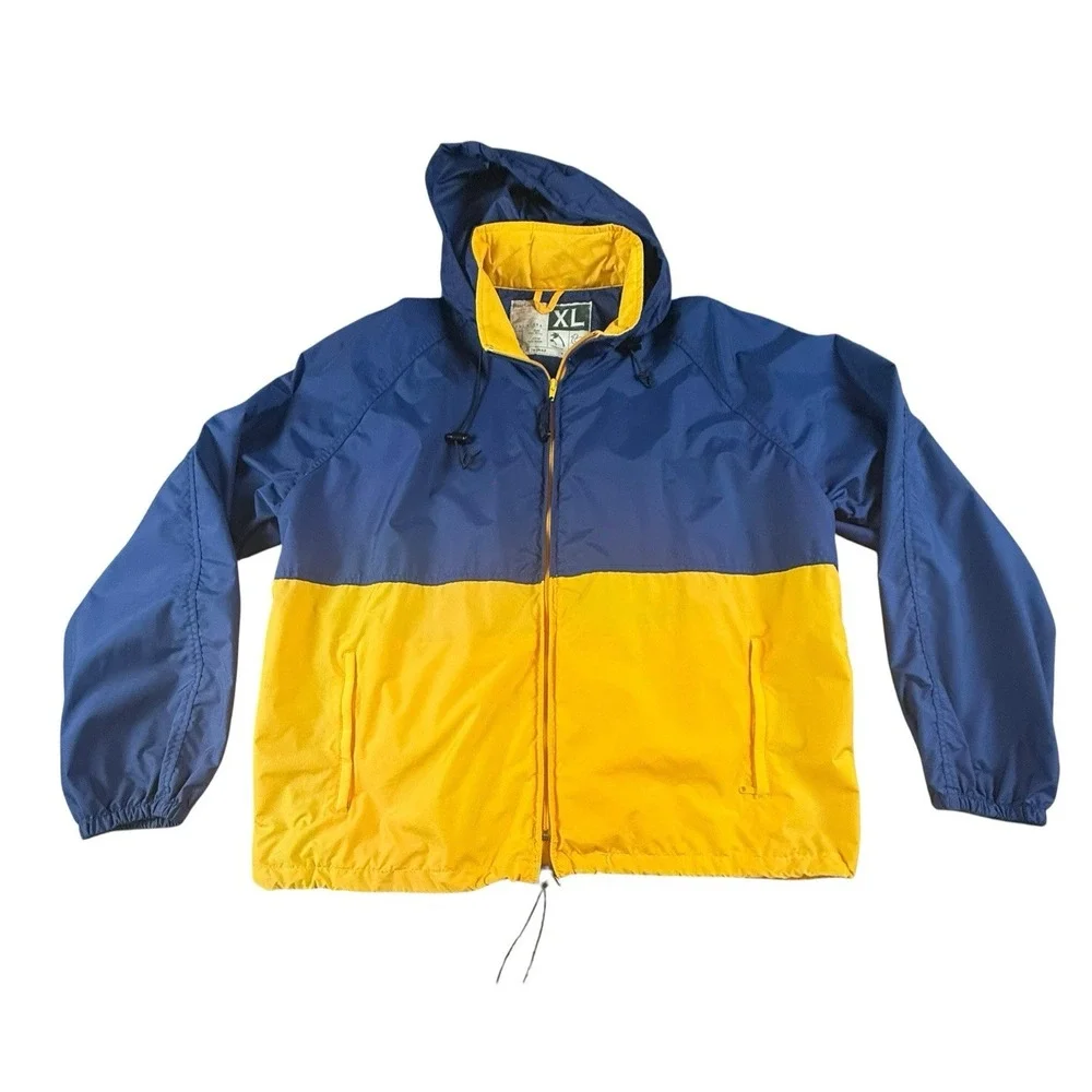 VINTAGE WEARGUARD Mens XL Blue Yellow Hooded Windbreaker Jacket